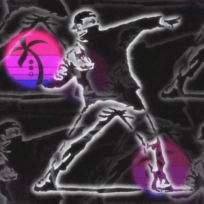 A Silhouette Of A Person With A Palm Tree And A Sunset In The Background GIF