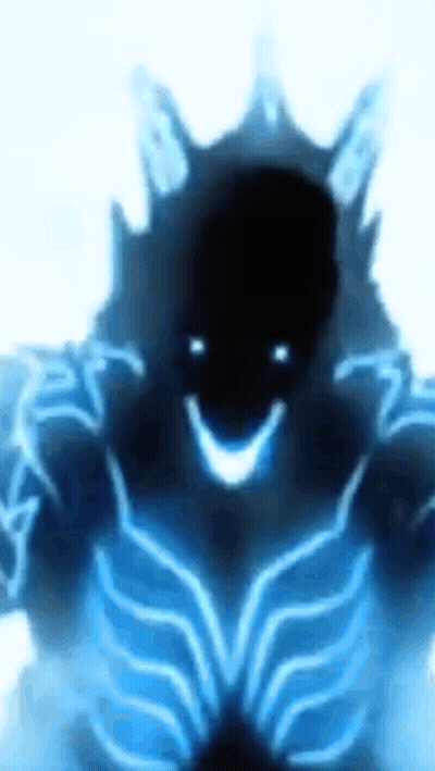 A Silhouette Of A Person With A Smile On Their Face And Glowing Blue Armor . GIF