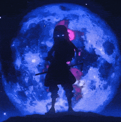 A Silhouette Of A Person With A Sword In Front Of A Full Moon GIF