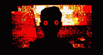 A Silhouette Of A Person With Red Eyes In Front Of A Screen That Says " Deck " GIF