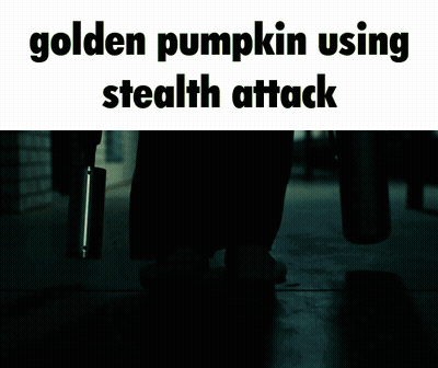 A Silhouette Of A Person With The Words Golden Pumpkin Using Stealth Attack On The Bottom GIF
