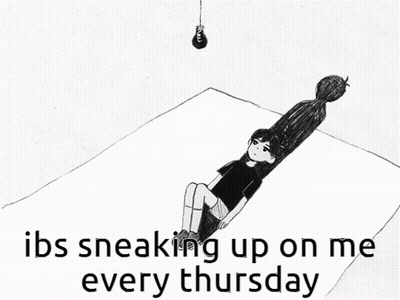 A Silhouette Of A Person With The Words " Ibs Sneaking Up On Me Every Thursday " Below It GIF