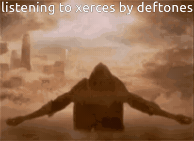 A Silhouette Of A Person With The Words Listening To Xerces By Deftones Below It GIF