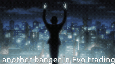 A Silhouette Of A Person With Their Arms In The Air With The Words Another Banger In Evo Trading Below Them GIF