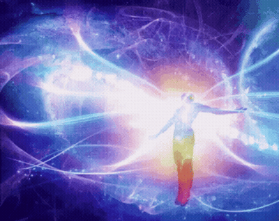 A Silhouette Of A Person With Their Arms Outstretched Is Surrounded By A Rainbow Of Lights GIF