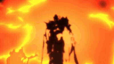 A Silhouette Of A Robot Is Standing In Front Of A Fire . GIF