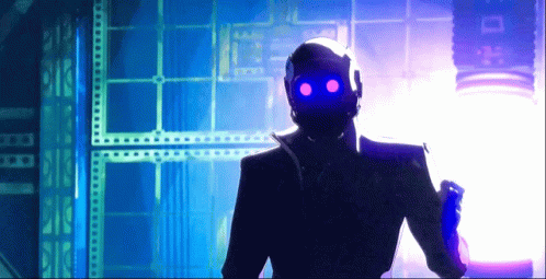 A Silhouette Of A Robot With Blue Eyes Standing In A Room GIF