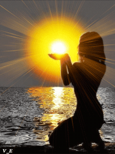 A Silhouette Of A Woman Holding The Sun In Her Hands With The Letters Ve Below Her GIF