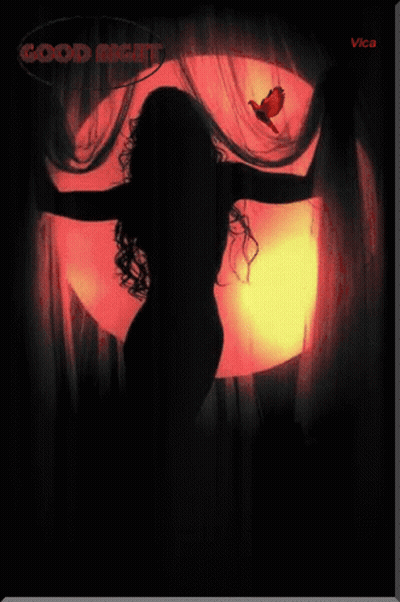 A Silhouette Of A Woman In Front Of A Full Moon With The Words Good Night Above Her GIF