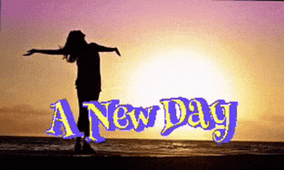 A Silhouette Of A Woman Standing On A Beach With The Words A New Day Above Her GIF