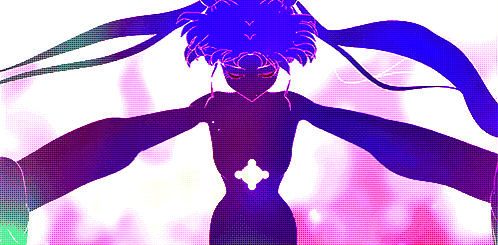 A Silhouette Of A Woman With A Purple Hair And A Purple And Green Background GIF