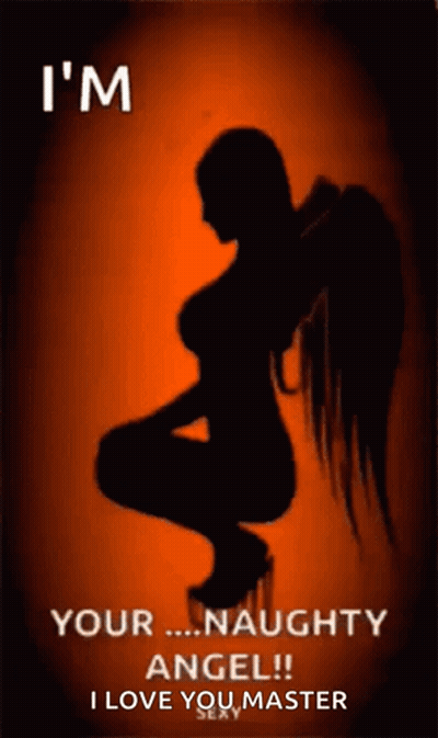 A Silhouette Of A Woman With Angel Wings Says " I 'M Your Naughty Angel ! " GIF