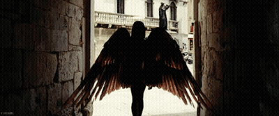 A Silhouette Of A Woman With Angel Wings Standing In An Alleyway GIF