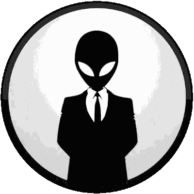 A Silhouette Of An Alien In A Suit And Tie With A Laurel Wreath Sticker