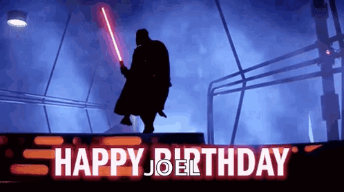 A Silhouette Of Darth Vader Is Holding A Lightsaber In Front Of A Sign That Says `` Happy Birthday '' . GIF