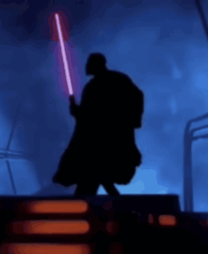 A Silhouette Of Darth Vader Is Holding A Red Lightsaber GIF