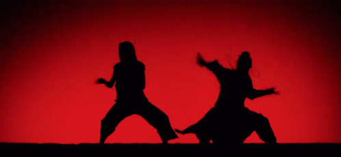 A Silhouette Of Two People Dancing In Front Of A Red Backdrop GIF