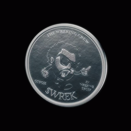 A Silver Coin That Says The Wreking Crew On It GIF