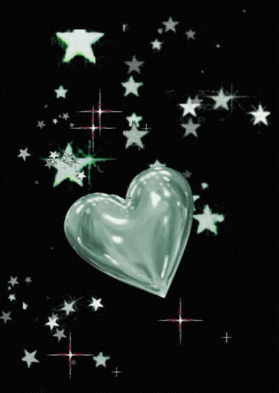A Silver Heart Is Surrounded By Green And White Stars On A Black Background GIF