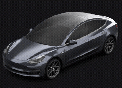 A Silver Tesla Model 3 With The Trunk Open GIF