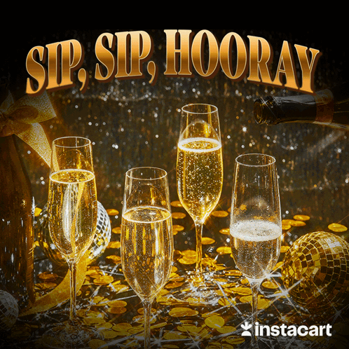 A Sip Sip Hooray Greeting Card With A Bottle Of Champagne In The Background GIF