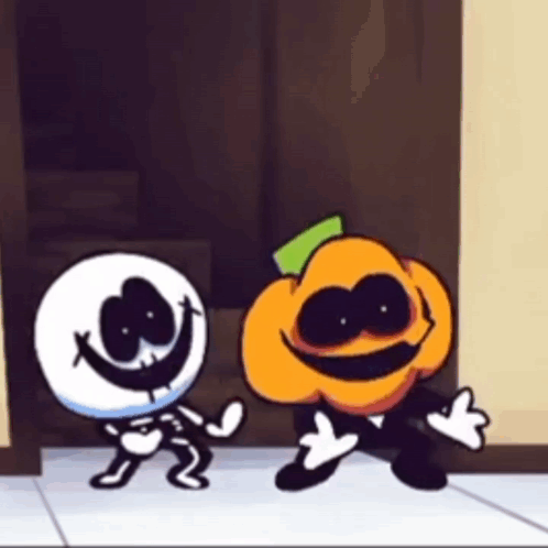 A Skeleton And A Pumpkin Are Standing Next To Each Other In A Room . GIF