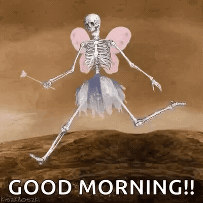 A Skeleton Dressed As A Fairy Is Jumping In The Air With A Wand . GIF