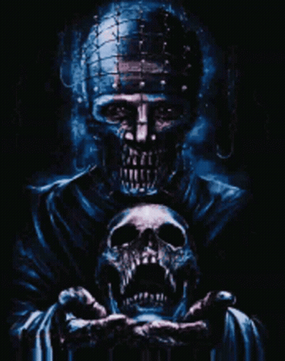 A Skeleton Holding A Skull In His Hands GIF