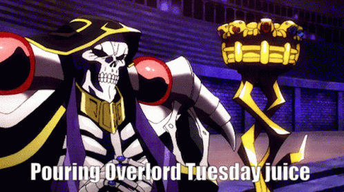 A Skeleton Holding A Torch With The Words Pouring Overlord Tuesday Juice GIF