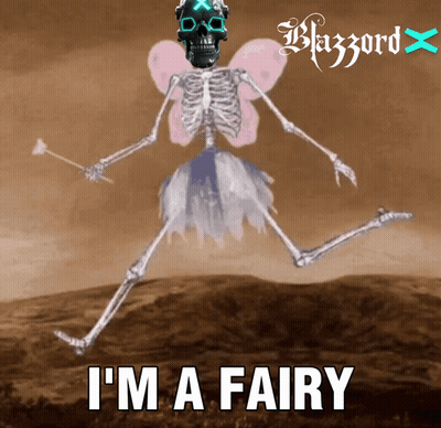 A Skeleton In A Fairy Costume With The Words " I 'M A Fairy " Below It GIF