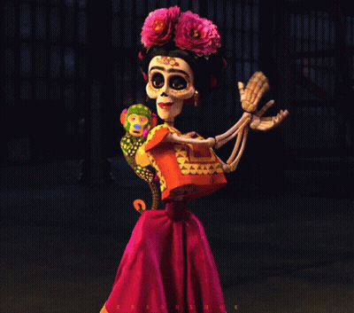 A Skeleton In A Pink Dress Holds A Stuffed Monkey In Her Arms GIF