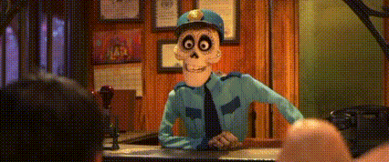 A Skeleton In A Police Uniform Is Sitting At A Counter In A Room . GIF