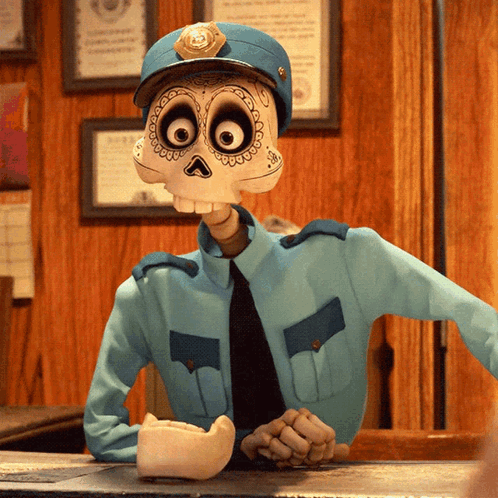 A Skeleton In A Police Uniform Is Sitting At The Counter GIF