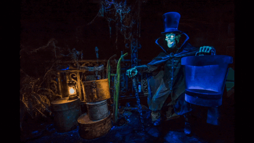 A Skeleton In A Top Hat Holding A Bucket In A Dark Room GIF