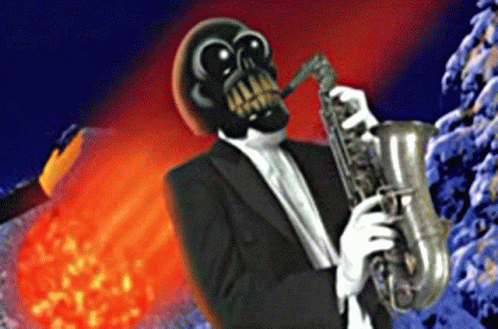 A Skeleton In A Tuxedo Is Playing A Saxophone In Front Of A Volcano GIF