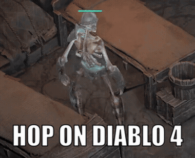 A Skeleton In A Video Game With The Words Hop On Diablo 4 Above It GIF