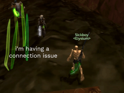 A Skeleton In A Video Game With The Words I 'M Having A Connection Issue On The Bottom GIF