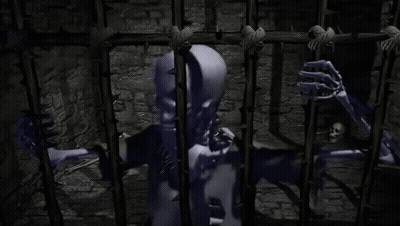 A Skeleton Is Behind Bars In A Jail Cell GIF