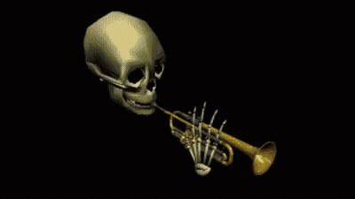 A Skeleton Is Blowing A Trumpet In A Dark Room . GIF
