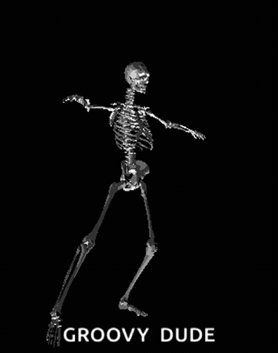 A Skeleton Is Dancing On A Black Background With The Words Groovy Dude Above It . GIF