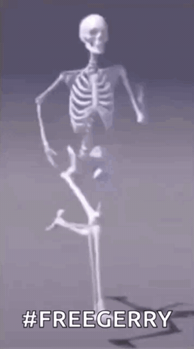 A Skeleton Is Dancing On A Gray Background With The Words `` Freegerry '' Written Below It . GIF