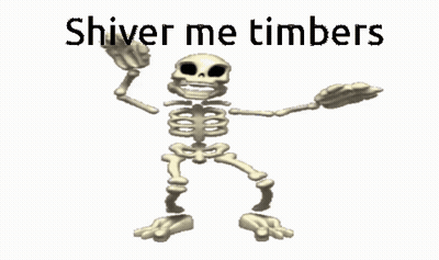 A Skeleton Is Dancing With The Words " Shiver Me Timbers " Behind It GIF