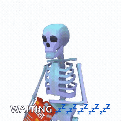 A Skeleton Is Holding A Bag Of Chips And The Word Waiting Is Above Him . GIF