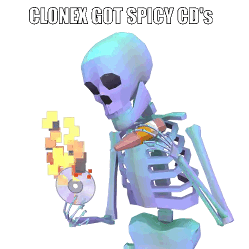 A Skeleton Is Holding A Bottle And A Cd With The Words Clonex Got Spicy Cd 'S Above Him Sticker