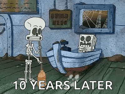 A Skeleton Is Holding A Broom Next To A Skeleton In A Boat . GIF