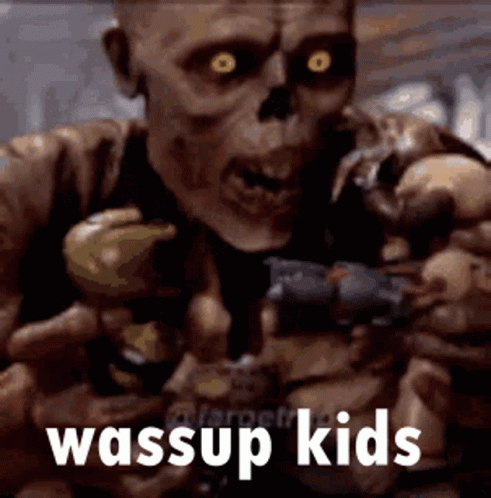 A Skeleton Is Holding A Gun And The Words `` Wassup Kids '' Are Visible . GIF