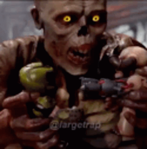 A Skeleton Is Holding A Gun In His Hands And Looking At The Camera . GIF