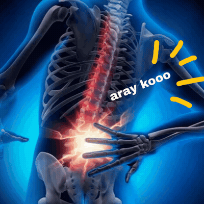 A Skeleton Is Holding A Person 'S Back In Pain With The Words " Aray Kooo " Surrounding It GIF