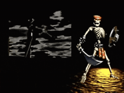 A Skeleton Is Holding A Sword And Shield In A Game GIF