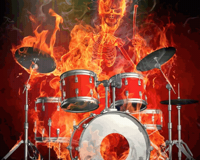 A Skeleton Is Playing Drums In Front Of A Fire Background GIF